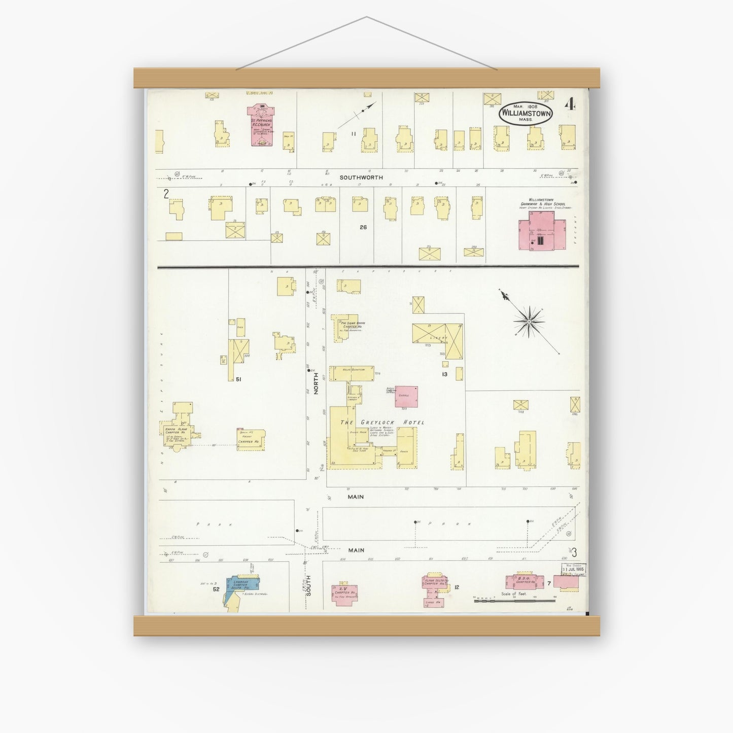 Old map wall art mockup — magnetic wood frame on white wall — Sanborn Fire Insurance Map from Williamstown, Berkshire County, Massachusetts (1908), Sheet #0004