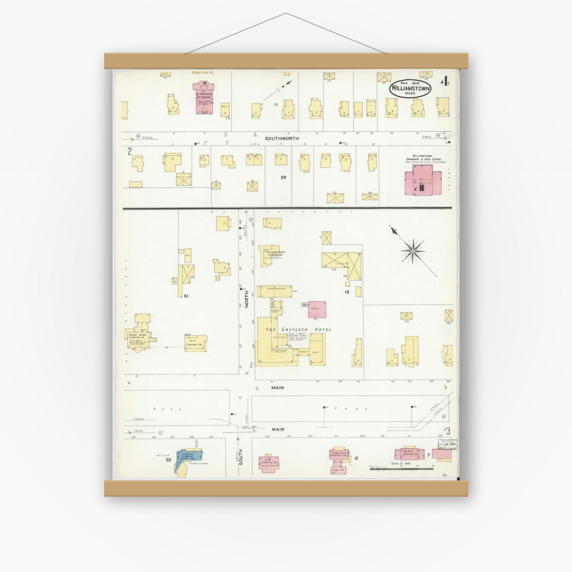 Old map wall art mockup — magnetic wood frame on white wall — Sanborn Fire Insurance Map from Williamstown, Berkshire County, Massachusetts (1908), Sheet #0004