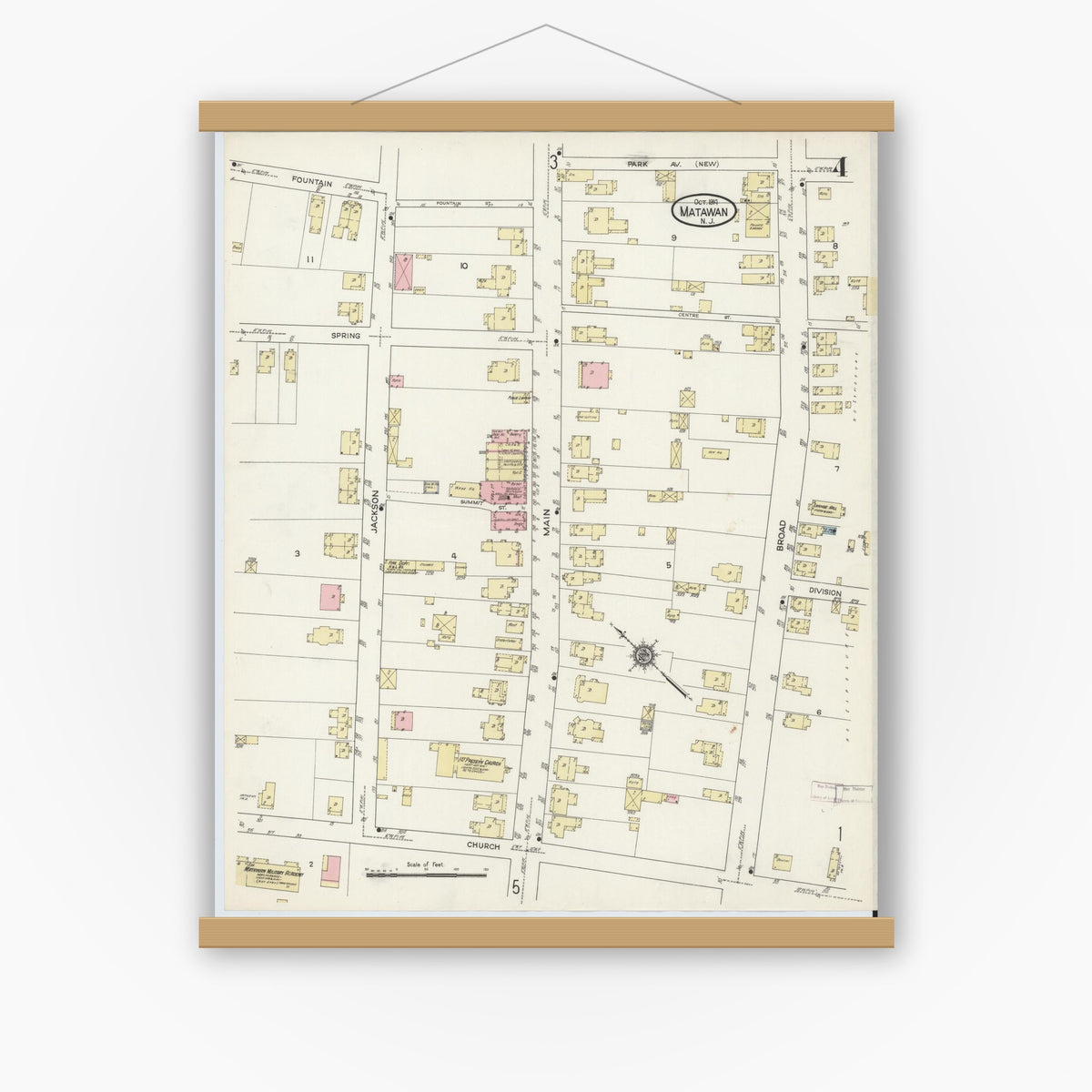 Old map wall art mockup — magnetic wood frame on white wall — Sanborn Fire Insurance Map from Matawan, Monmouth County, New Jersey (1914), Sheet #0004