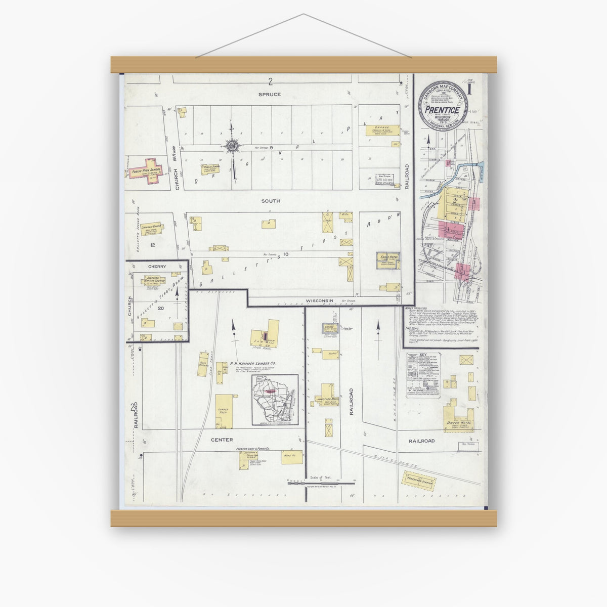 Old map wall art mockup — magnetic wood frame on white wall — Sanborn Fire Insurance Map from Prentice, Price County, Wisconsin (1919), Sheet #0001