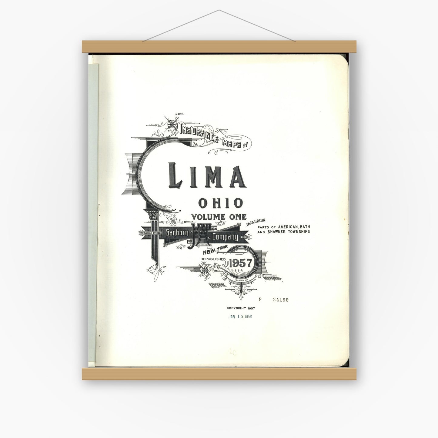 Old map wall art mockup — magnetic wood frame on white wall — Sanborn Fire Insurance Map from Lima, Allen County, Ohio (1957), Sheet #0001