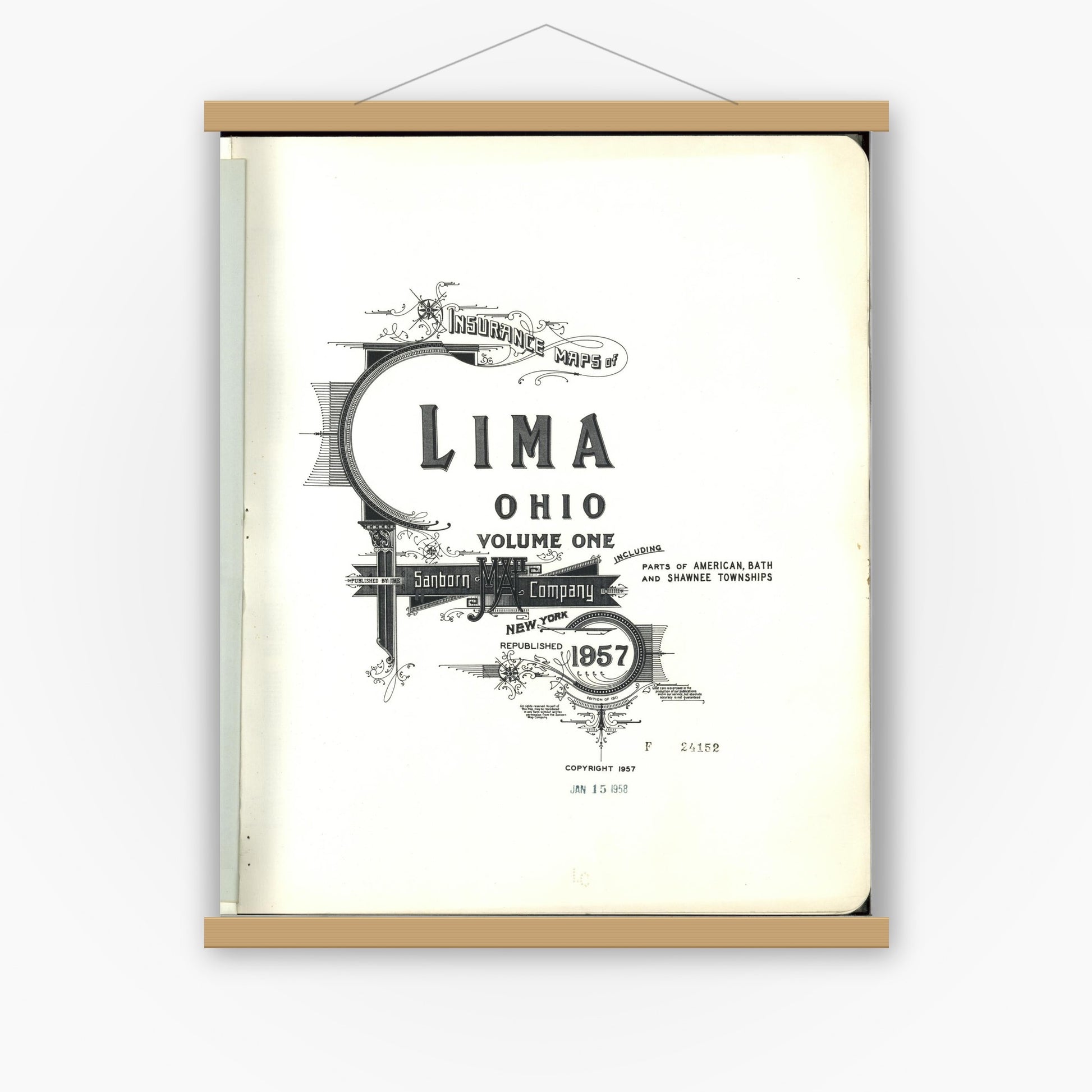 Old map wall art mockup — magnetic wood frame on white wall — Sanborn Fire Insurance Map from Lima, Allen County, Ohio (1957), Sheet #0001