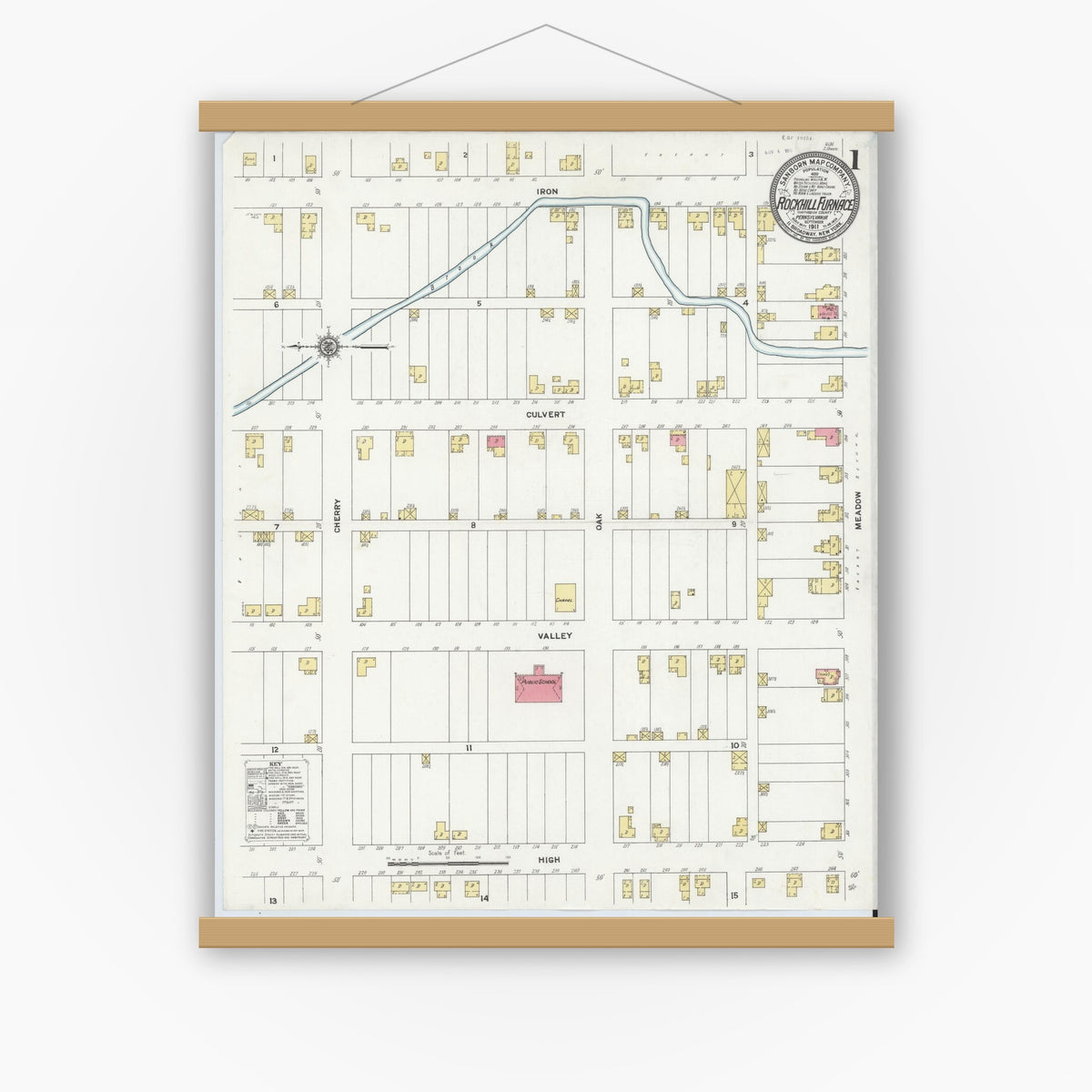 Old map wall art mockup — magnetic wood frame on white wall — Sanborn Fire Insurance Map from Rockhill Furnace, Huntingdon County, Pennsylvania (1911) - Complete Map Set