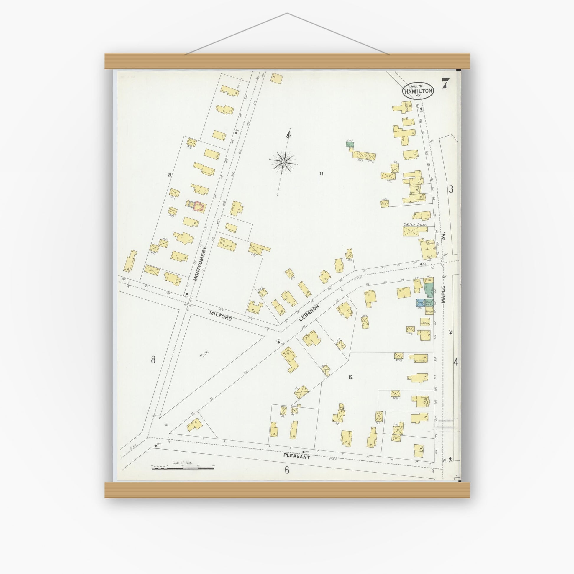 Old map wall art mockup — magnetic wood frame on white wall — Sanborn Fire Insurance Map from Hamilton, Madison County, New York (1901), Sheet #0007