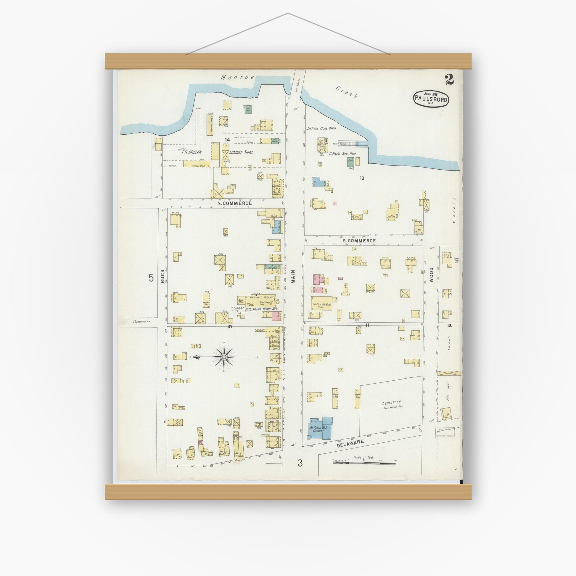 Old map wall art mockup — magnetic wood frame on white wall — Sanborn Fire Insurance Map from Paulsboro, Gloucester County, New Jersey (1896), Sheet #0002