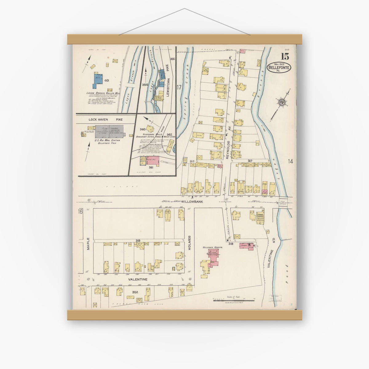 Old map wall art mockup — magnetic wood frame on white wall — Sanborn Fire Insurance Map from Bellefonte, Centre County, Pennsylvania (1922), Sheet #0015