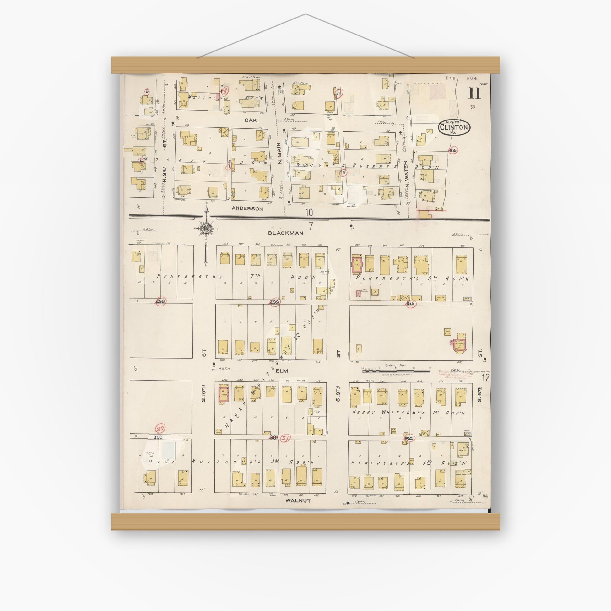 Old map wall art mockup — magnetic wood frame on white wall — Sanborn Fire Insurance Map from Clinton, Vermillion County, Indiana (1947), Sheet #0011