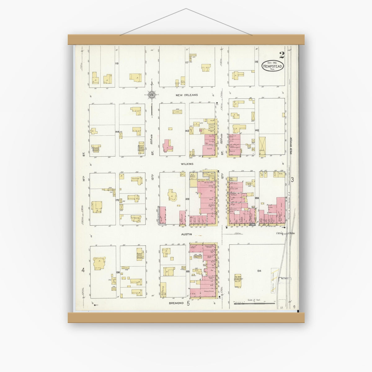 Old map wall art mockup — magnetic wood frame on white wall — Sanborn Fire Insurance Map from Hempstead, Waller County, Texas (1912), Sheet #0002
