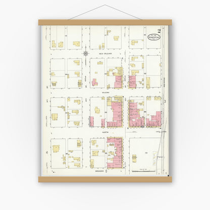 Old map wall art mockup — magnetic wood frame on white wall — Sanborn Fire Insurance Map from Hempstead, Waller County, Texas (1912), Sheet #0002