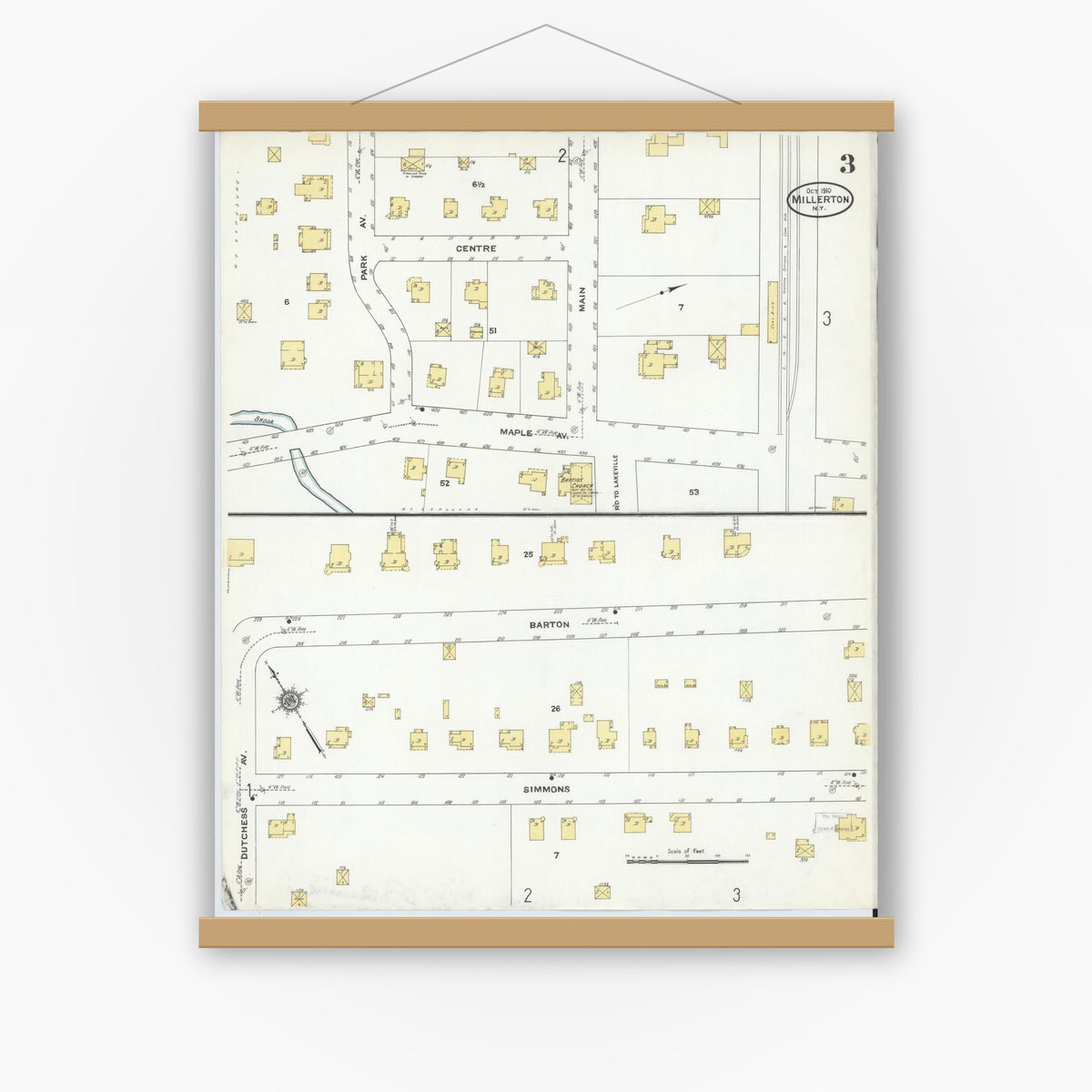 Old map wall art mockup — magnetic wood frame on white wall — Sanborn Fire Insurance Map from Millerton, Dutchess County, New York (1910), Sheet #0003