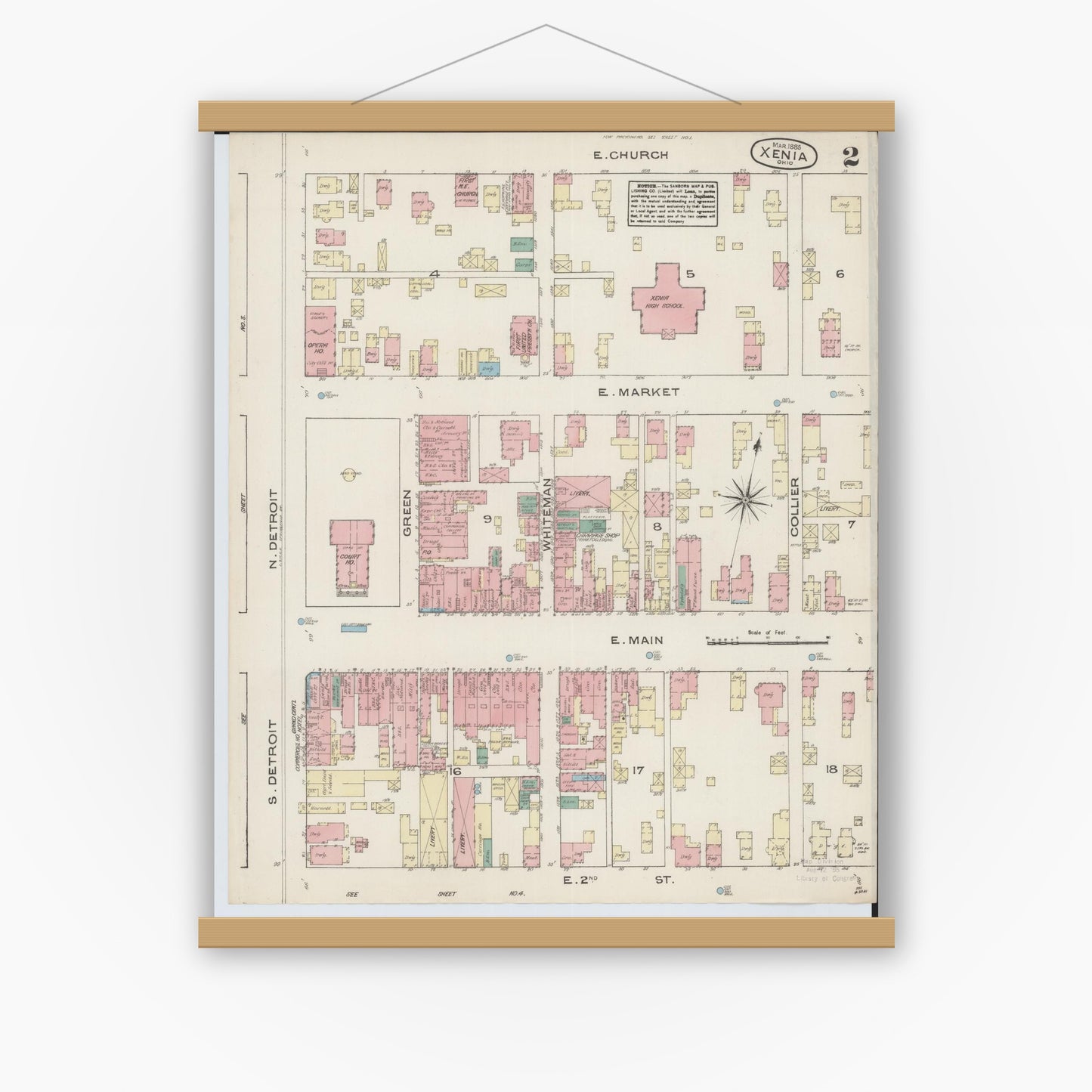 Old map wall art mockup — magnetic wood frame on white wall — Sanborn Fire Insurance Map from Xenia, Greene County, Ohio (1885), Sheet #0002