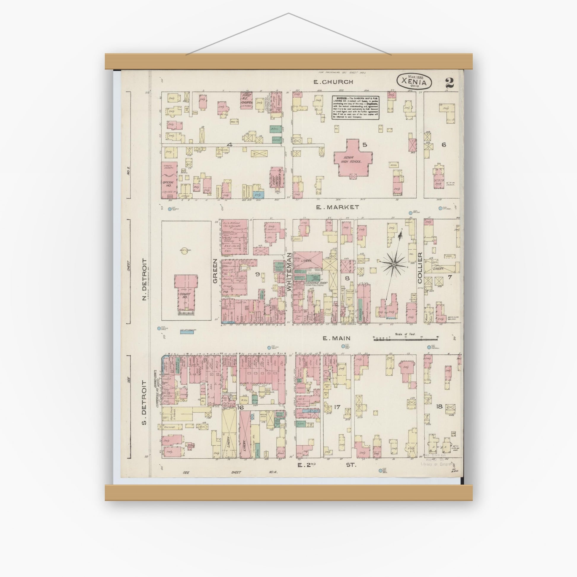 Old map wall art mockup — magnetic wood frame on white wall — Sanborn Fire Insurance Map from Xenia, Greene County, Ohio (1885), Sheet #0002