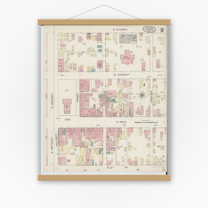 Old map wall art mockup — magnetic wood frame on white wall — Sanborn Fire Insurance Map from Xenia, Greene County, Ohio (1885), Sheet #0002
