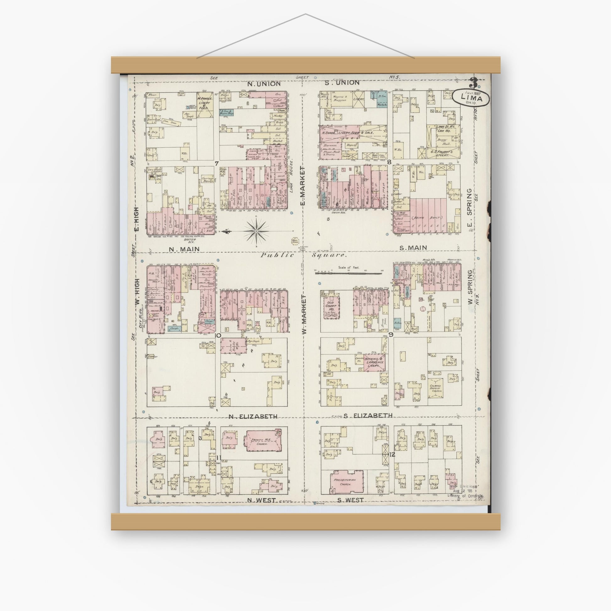 Old map wall art mockup — magnetic wood frame on white wall — Sanborn Fire Insurance Map from Lima, Allen County, Ohio (1887), Sheet #0003