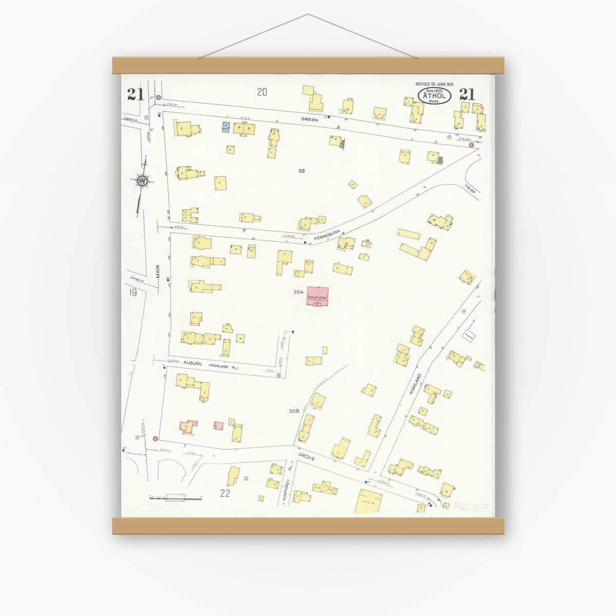 Old map wall art mockup — magnetic wood frame on white wall — Sanborn Fire Insurance Map from Athol, Worcester County, Massachusetts (1936), Sheet #0021
