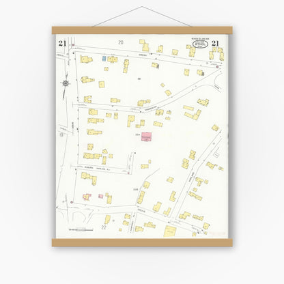 Old map wall art mockup — magnetic wood frame on white wall — Sanborn Fire Insurance Map from Athol, Worcester County, Massachusetts (1936), Sheet #0021