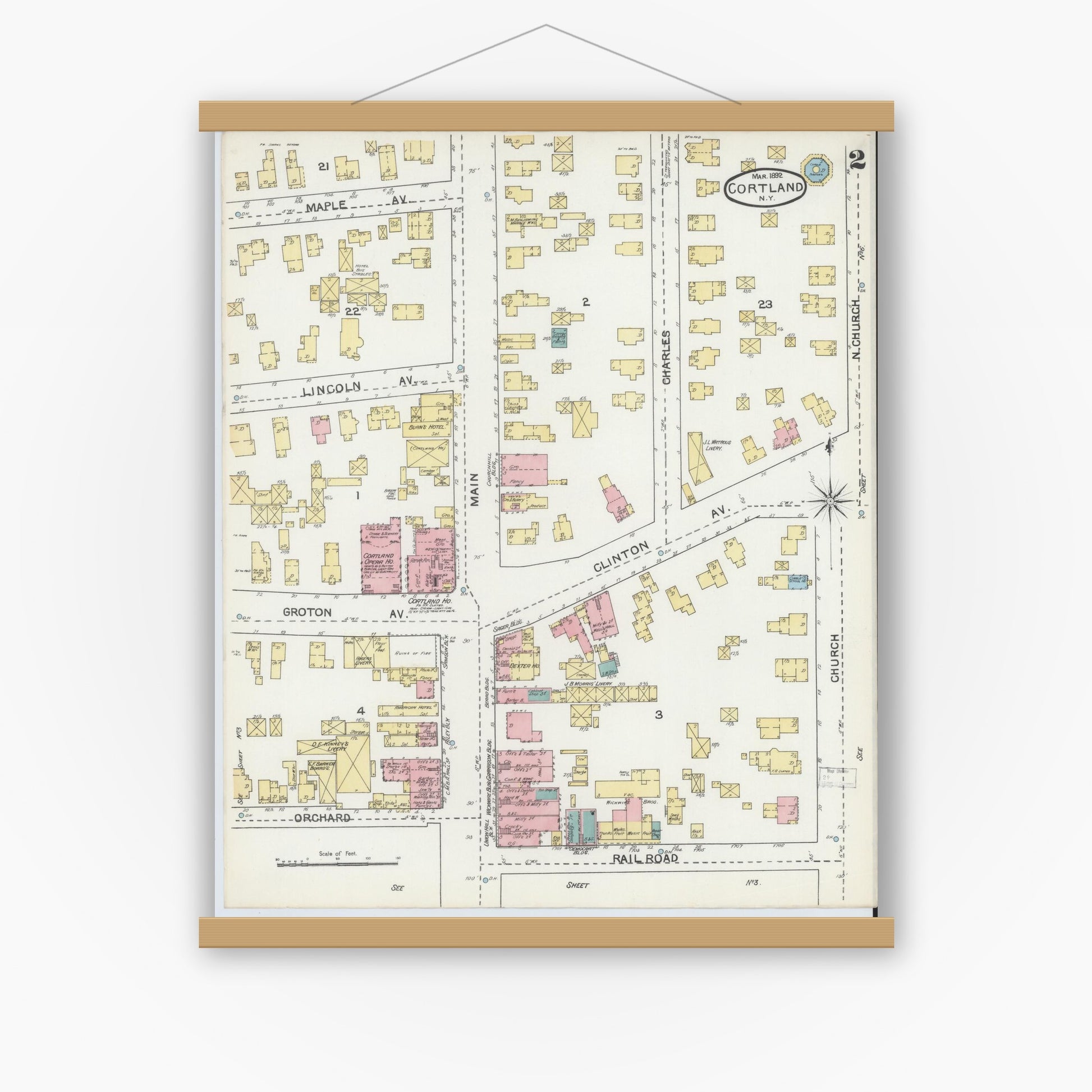 Old map wall art mockup — magnetic wood frame on white wall — Sanborn Fire Insurance Map from Cortland, Cortland County, New York (1892), Sheet #0002