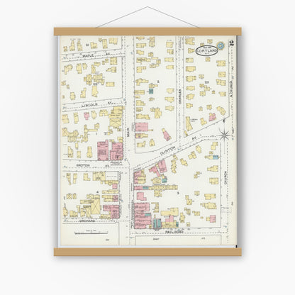 Old map wall art mockup — magnetic wood frame on white wall — Sanborn Fire Insurance Map from Cortland, Cortland County, New York (1892), Sheet #0002