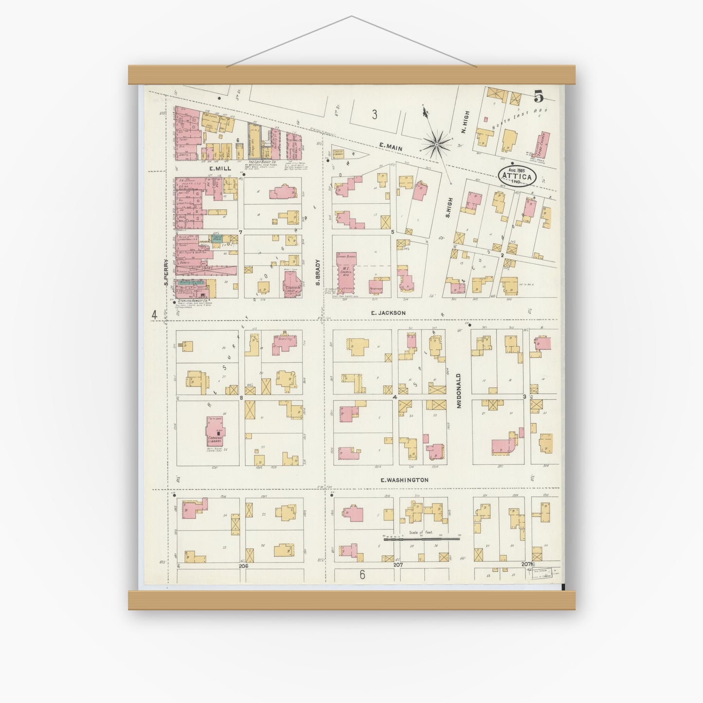 Old map wall art mockup — magnetic wood frame on white wall — Sanborn Fire Insurance Map from Attica, Fountain County, Indiana (1905), Sheet #0005