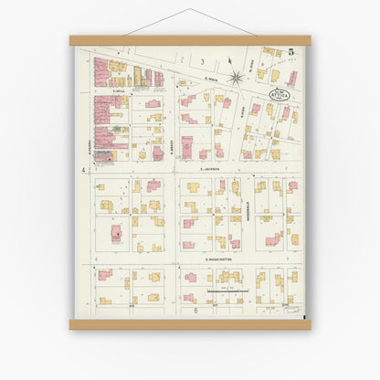 Old map wall art mockup — magnetic wood frame on white wall — Sanborn Fire Insurance Map from Attica, Fountain County, Indiana (1905), Sheet #0005