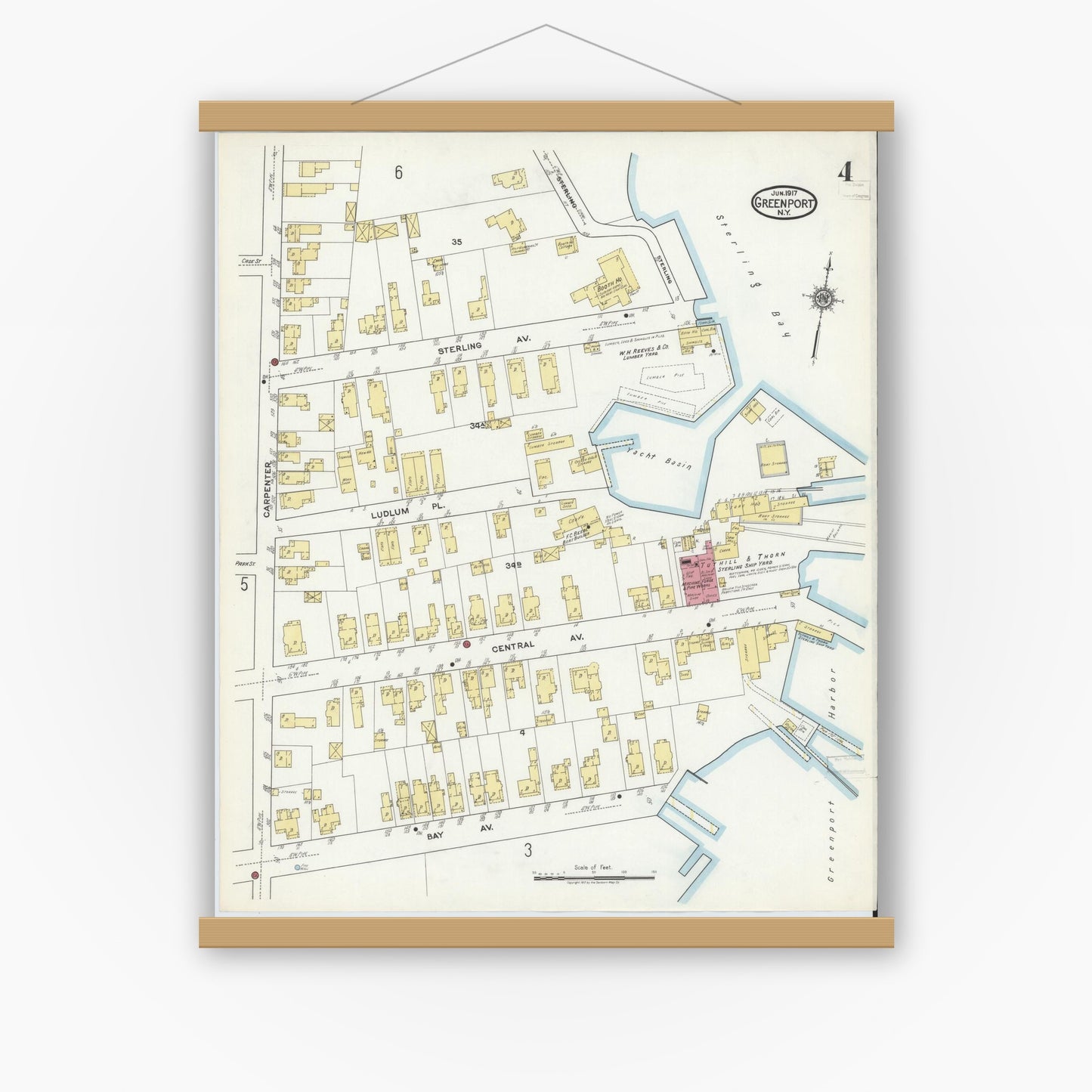 Old map wall art mockup — magnetic wood frame on white wall — Sanborn Fire Insurance Map from Greenport, Suffolk County, New York (1917), Sheet #0004