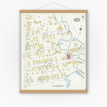 Old map wall art mockup — magnetic wood frame on white wall — Sanborn Fire Insurance Map from Greenport, Suffolk County, New York (1917), Sheet #0004