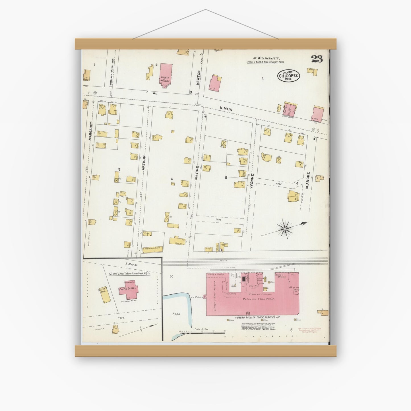 Old map wall art mockup — magnetic wood frame on white wall — Sanborn Fire Insurance Map from Chicopee, Hampden County, Massachusetts (1902), Sheet #0023