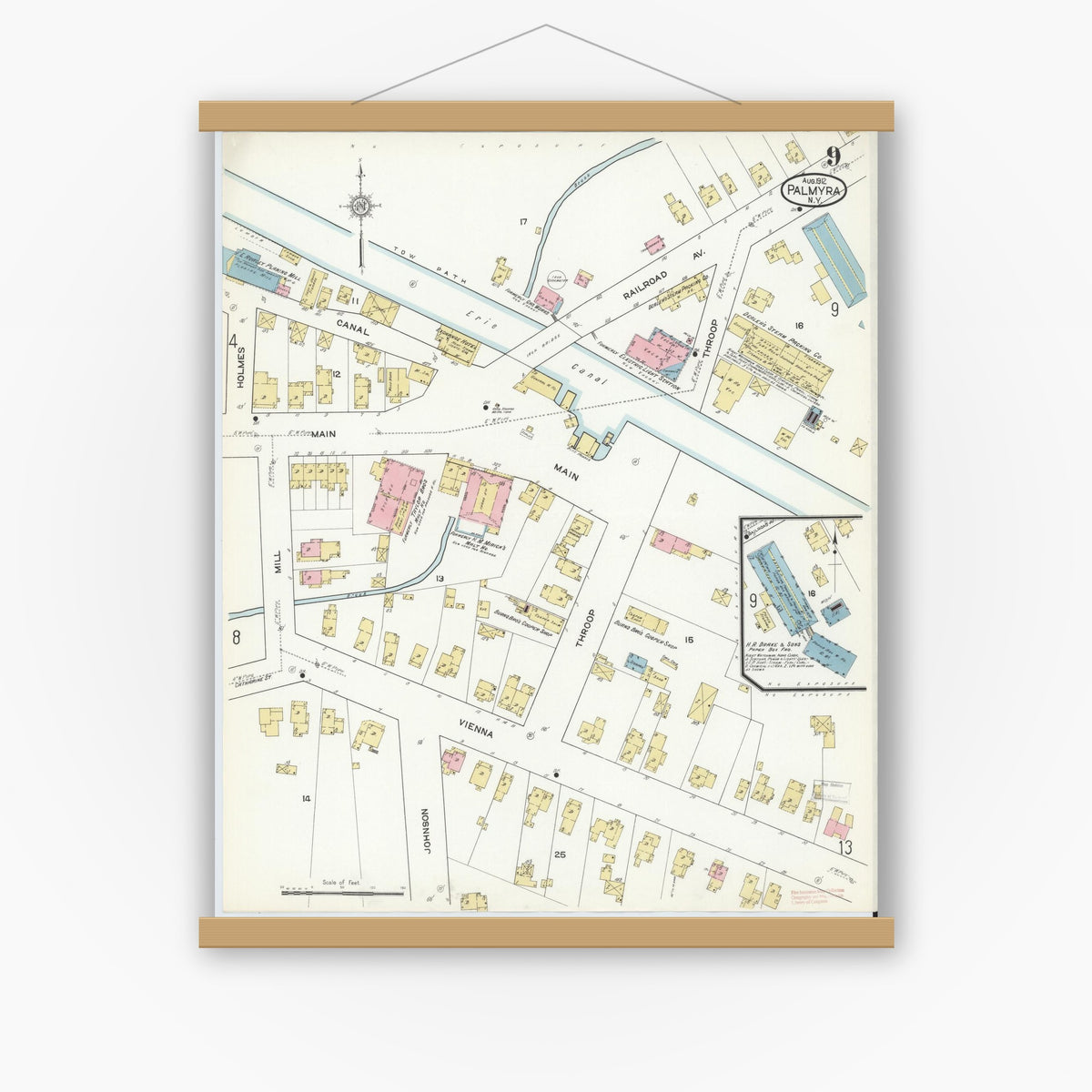 Old map wall art mockup — magnetic wood frame on white wall — Sanborn Fire Insurance Map from Palmyra, Wayne County, New York (1912), Sheet #0009