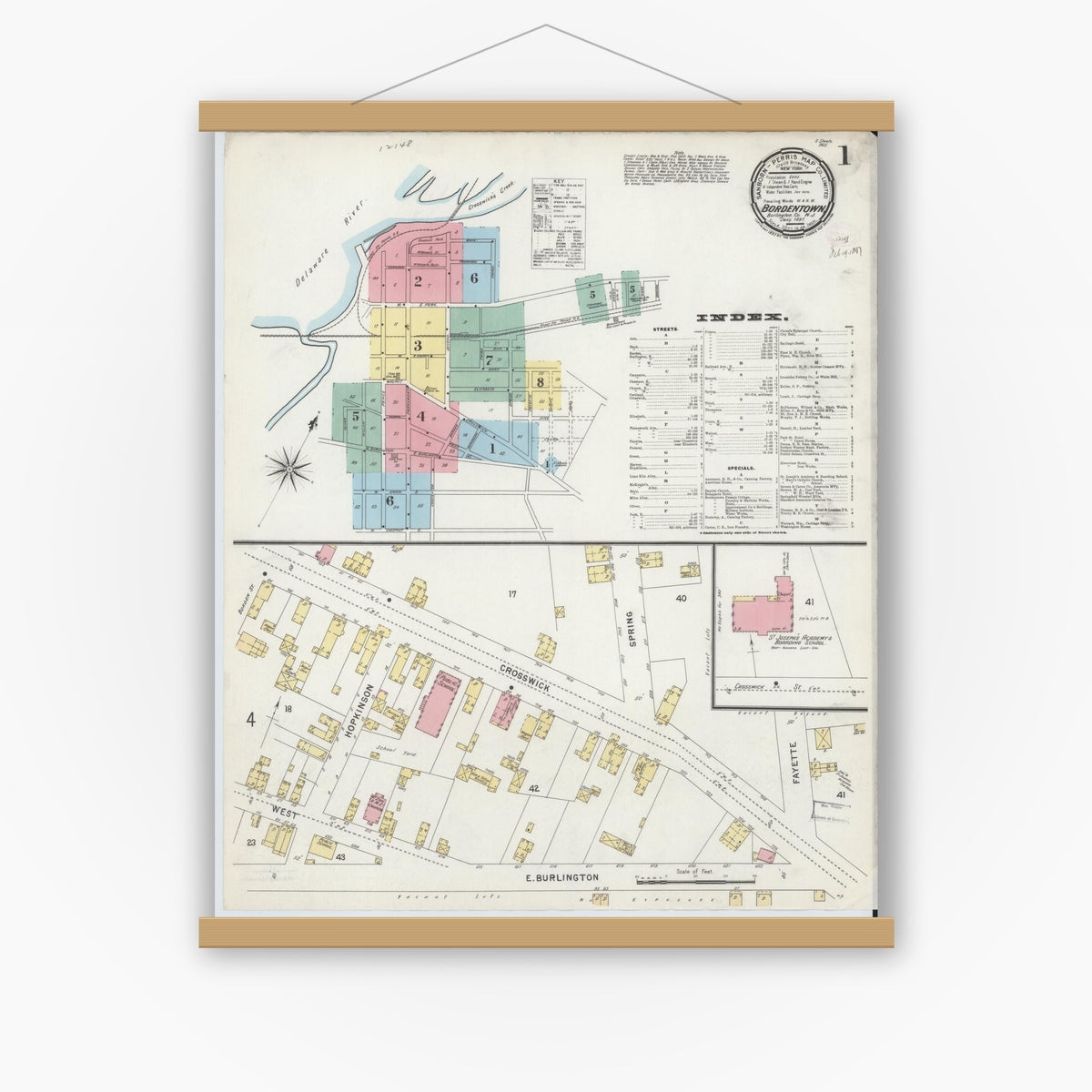 Old map wall art mockup — magnetic wood frame on white wall — Sanborn Fire Insurance Map from Bordentown, Burlington County, New Jersey (1897), Sheet #0001