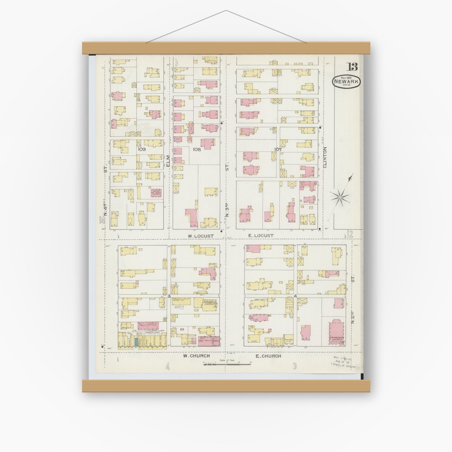 Old map wall art mockup — magnetic wood frame on white wall — Sanborn Fire Insurance Map from Newark, Licking County, Ohio (1893), Sheet #0013