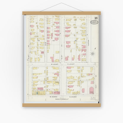 Old map wall art mockup — magnetic wood frame on white wall — Sanborn Fire Insurance Map from Newark, Licking County, Ohio (1893), Sheet #0013