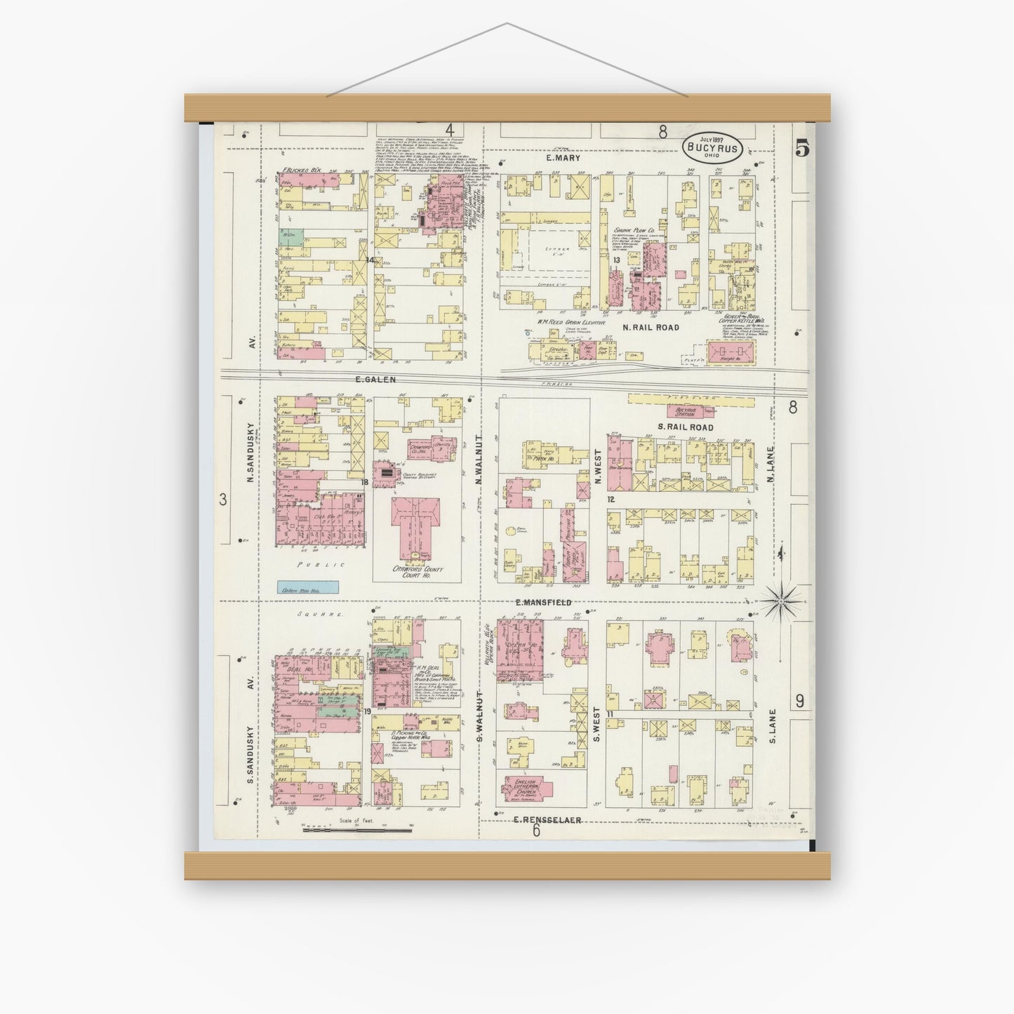 Old map wall art mockup — magnetic wood frame on white wall — Sanborn Fire Insurance Map from Bucyrus, Crawford County, Ohio (1897), Sheet #0005