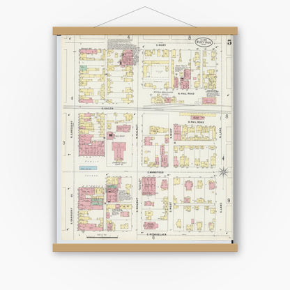 Old map wall art mockup — magnetic wood frame on white wall — Sanborn Fire Insurance Map from Bucyrus, Crawford County, Ohio (1897), Sheet #0005