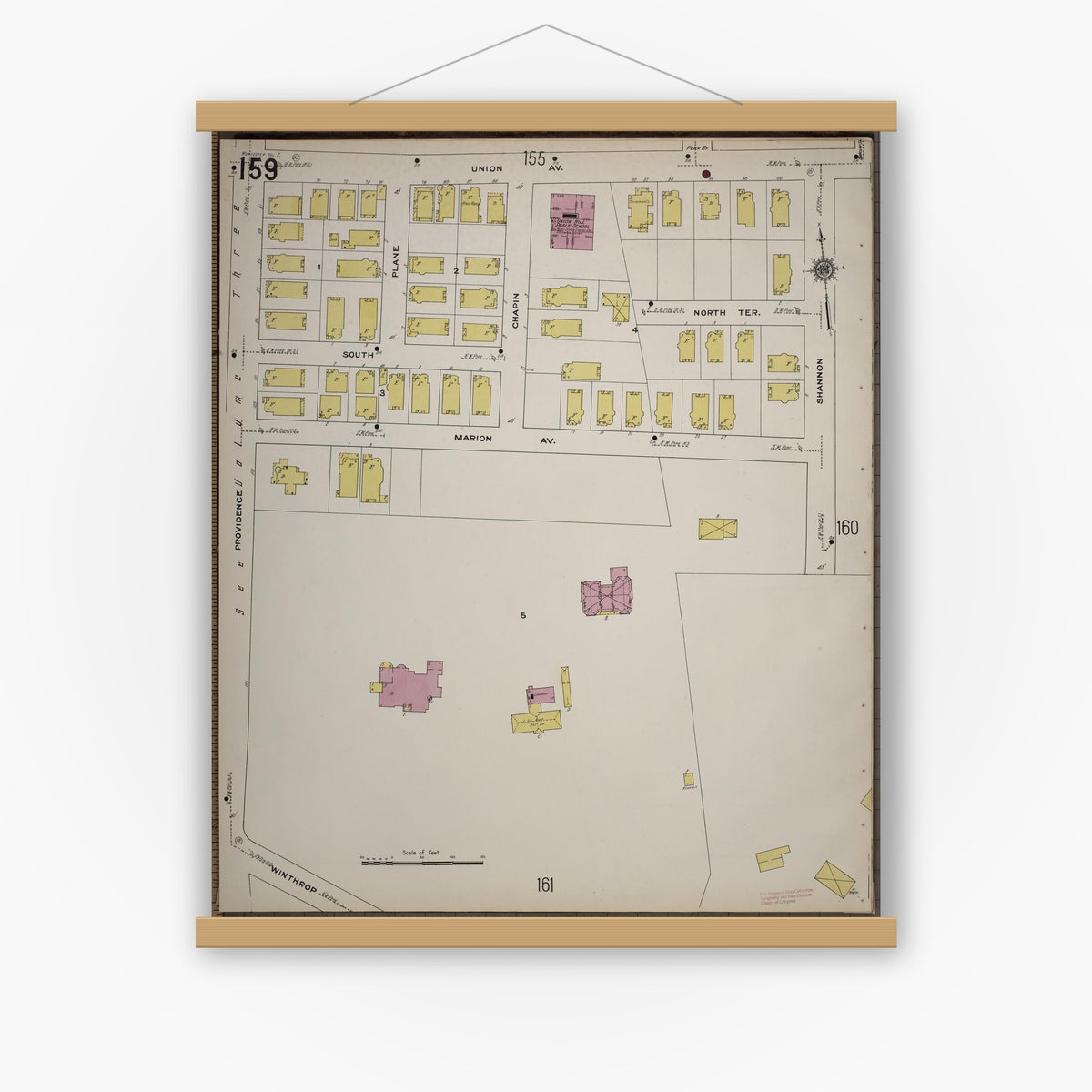 Old map wall art mockup — magnetic wood frame on white wall — Sanborn Fire Insurance Map from Worcester, Worcester County, Massachusetts (1910), Sheet #0159