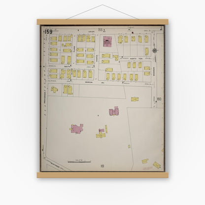 Old map wall art mockup — magnetic wood frame on white wall — Sanborn Fire Insurance Map from Worcester, Worcester County, Massachusetts (1910), Sheet #0159