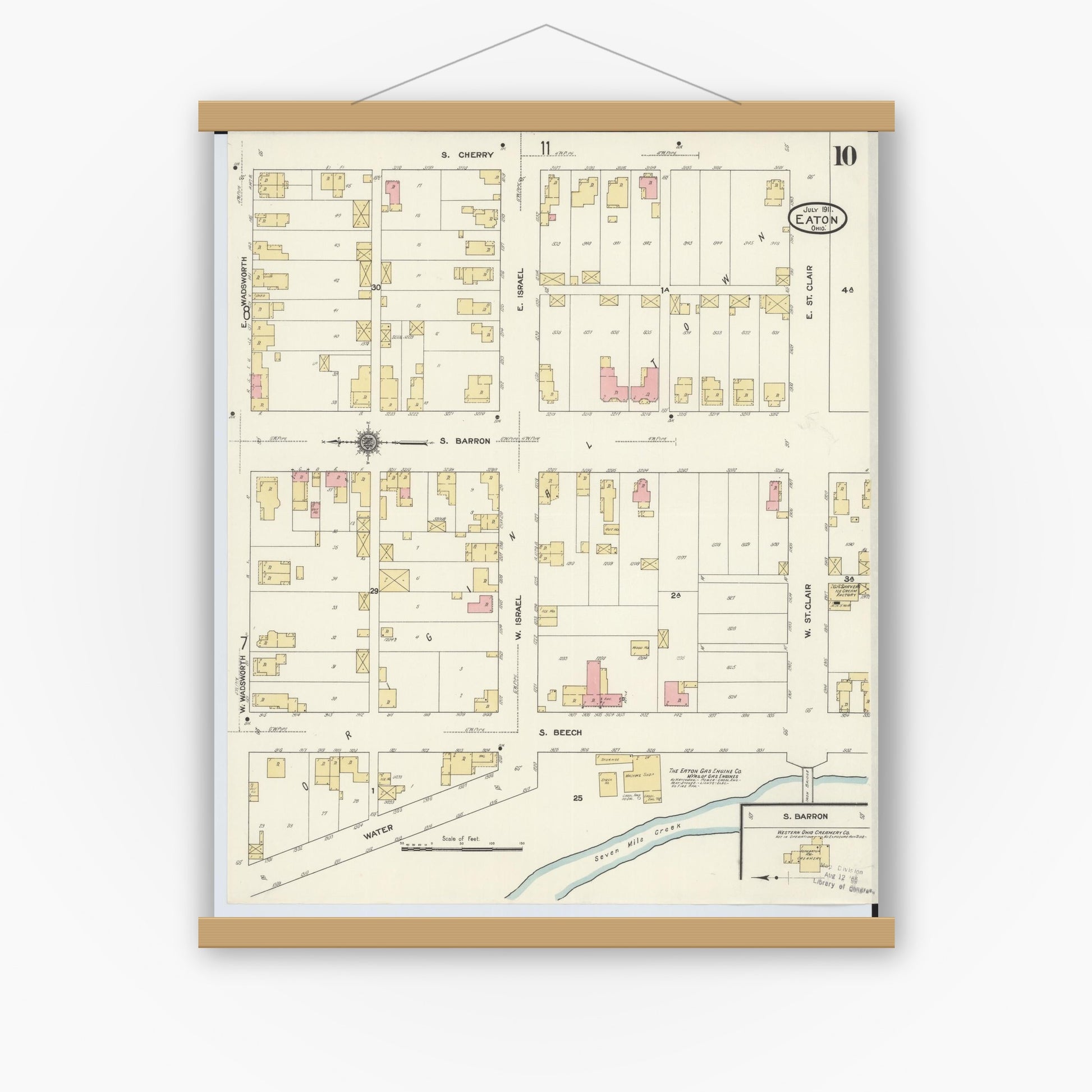 Old map wall art mockup — magnetic wood frame on white wall — Sanborn Fire Insurance Map from Eaton, Preble County, Ohio (1911), Sheet #0010