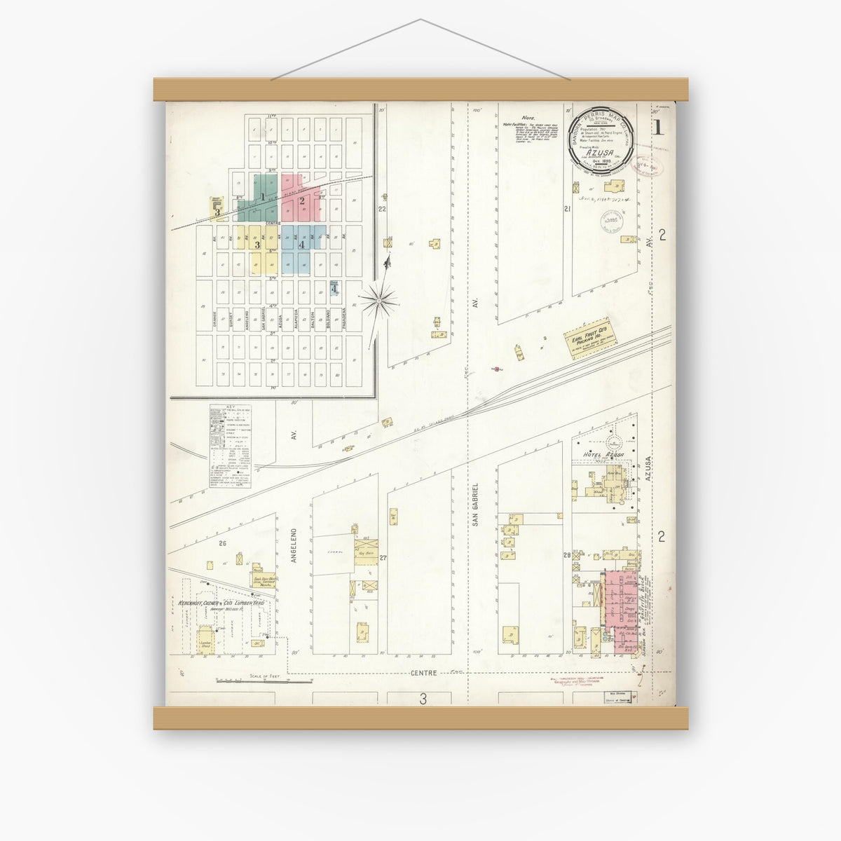 Old map wall art mockup — magnetic wood frame on white wall — Sanborn Fire Insurance Map from Azusa, Los Angeles County, California (1899), Sheet #0001