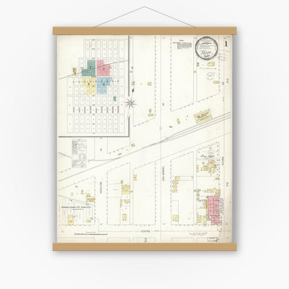 Old map wall art mockup — magnetic wood frame on white wall — Sanborn Fire Insurance Map from Azusa, Los Angeles County, California (1899), Sheet #0001