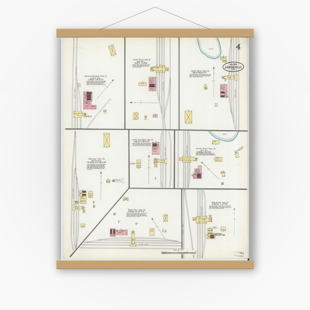 Old map wall art mockup — magnetic wood frame on white wall — Sanborn Fire Insurance Map from Jasonville, Greene County, Indiana (1904), Sheet #0004