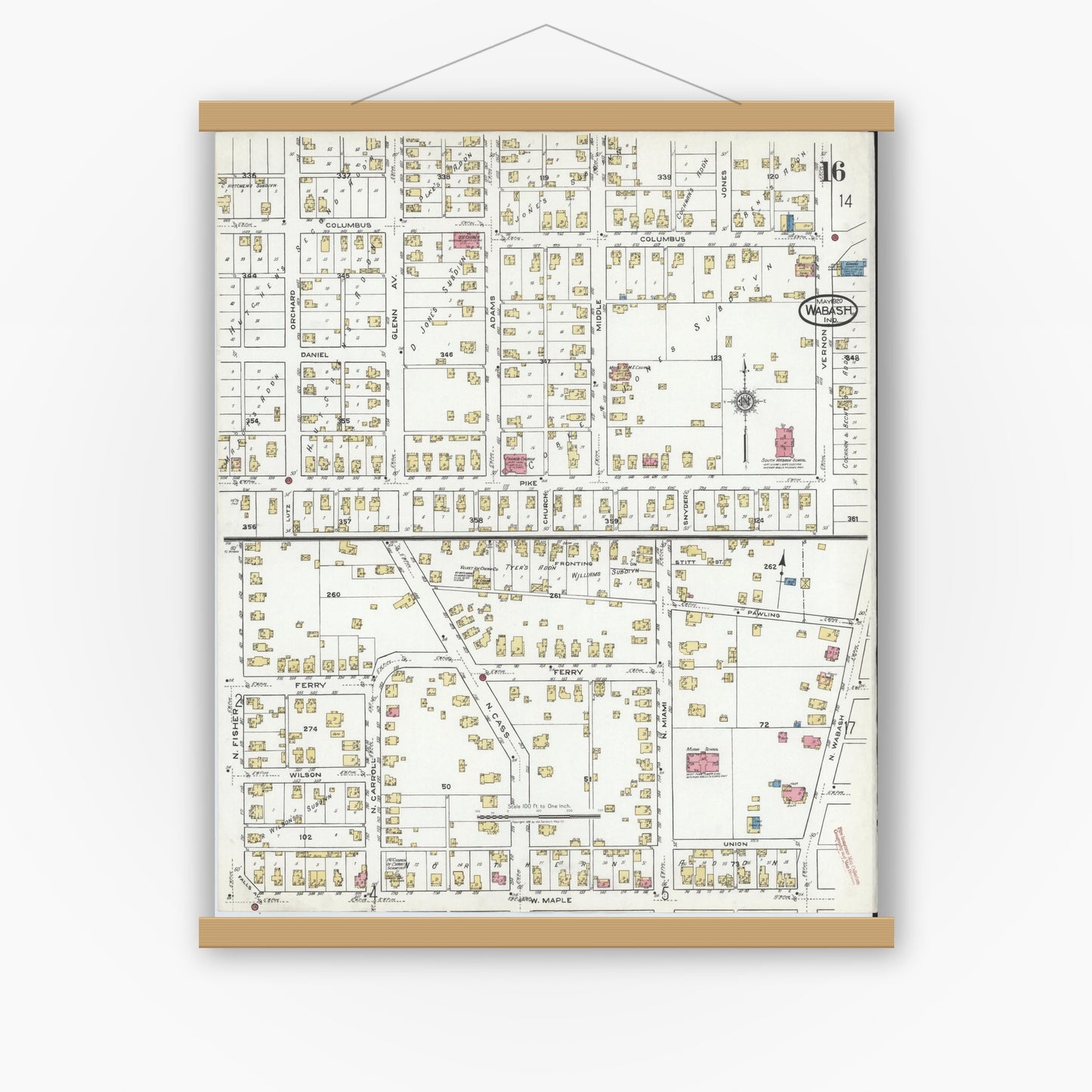 Old map wall art mockup — magnetic wood frame on white wall — Sanborn Fire Insurance Map from Wabash, Wabash County, Indiana (1920), Sheet #0016