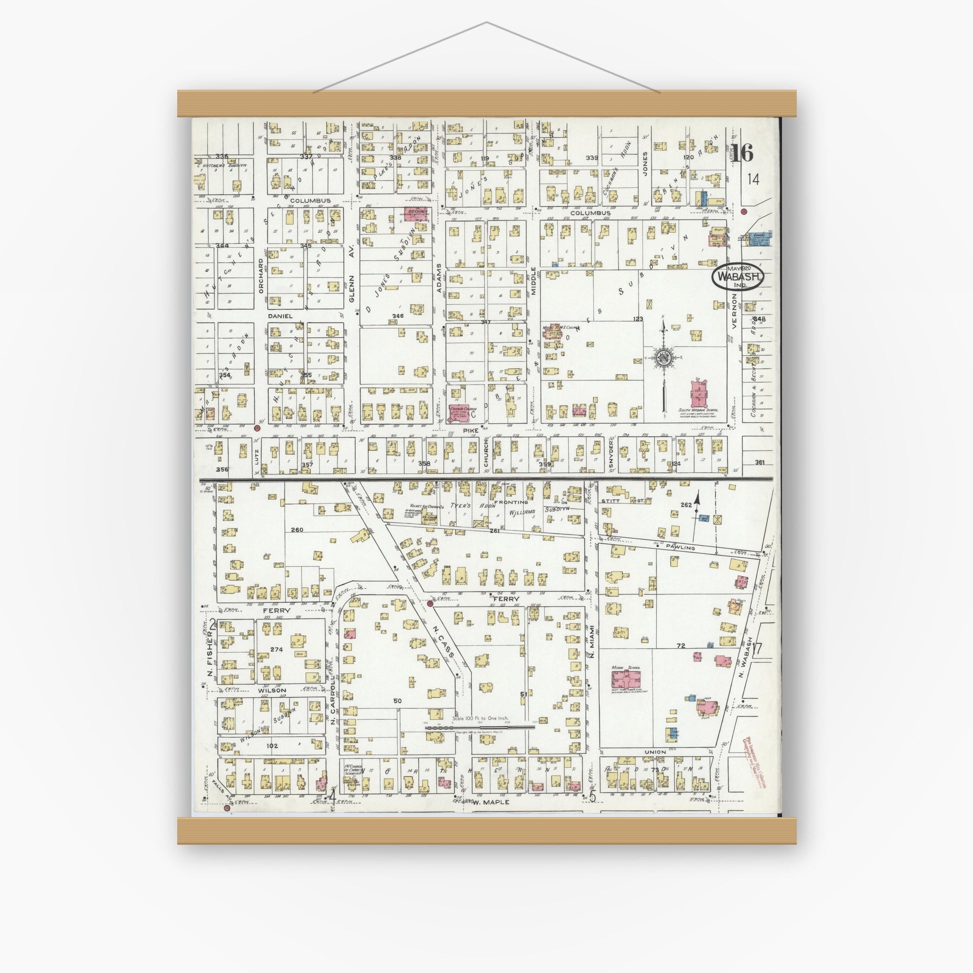 Old map wall art mockup — magnetic wood frame on white wall — Sanborn Fire Insurance Map from Wabash, Wabash County, Indiana (1920), Sheet #0016