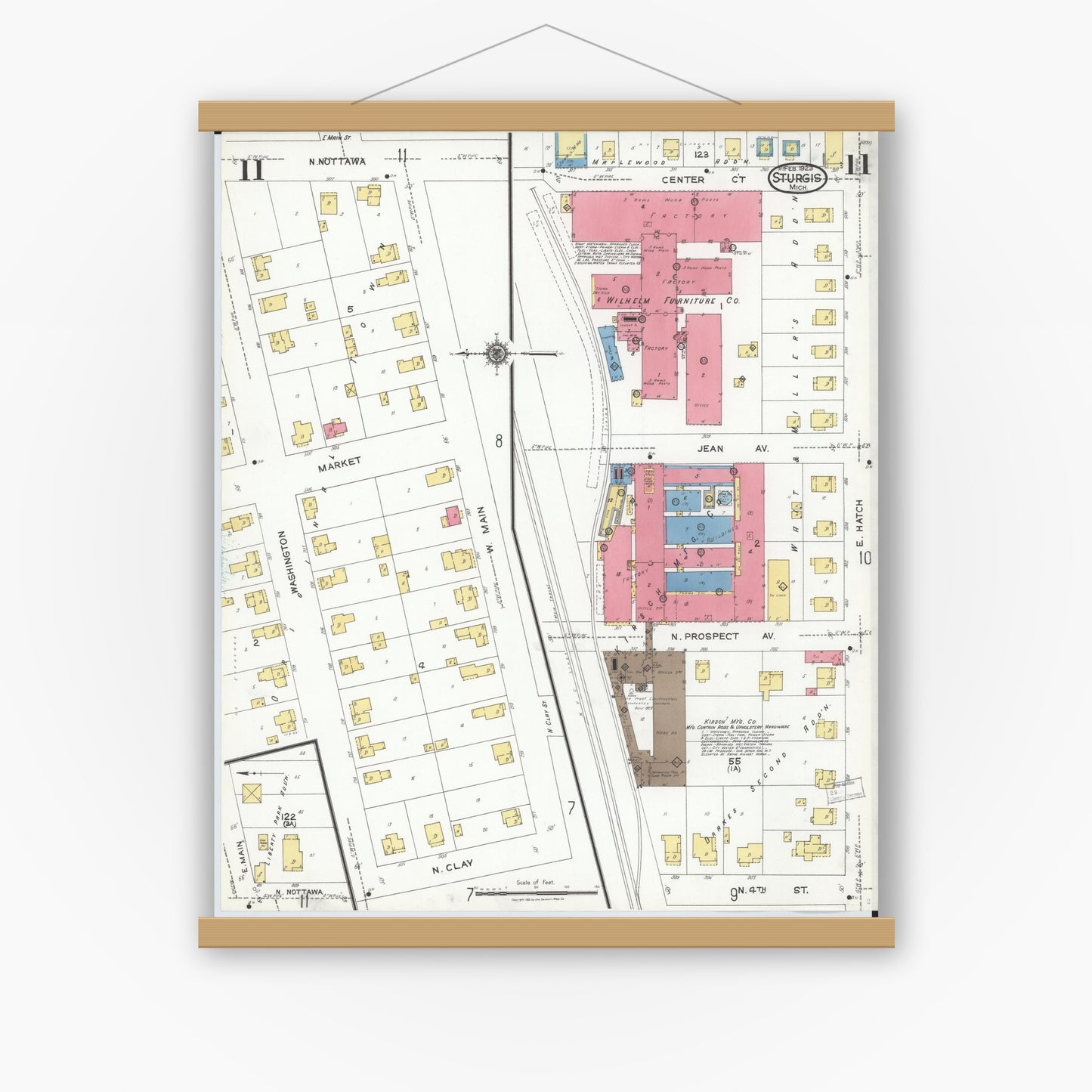 Old map wall art mockup — magnetic wood frame on white wall — Sanborn Fire Insurance Map from Sturgis, Saint Joseph County, Michigan (1923), Sheet #0011