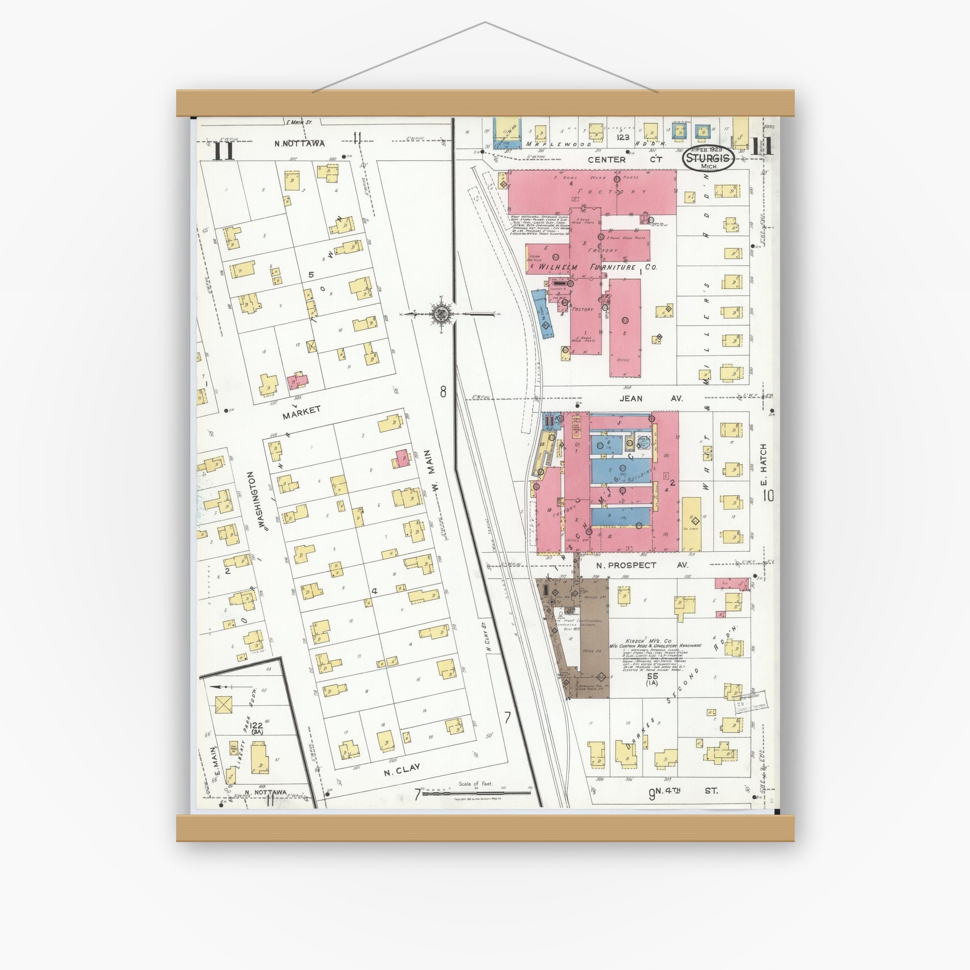 Old map wall art mockup — magnetic wood frame on white wall — Sanborn Fire Insurance Map from Sturgis, Saint Joseph County, Michigan (1923), Sheet #0011