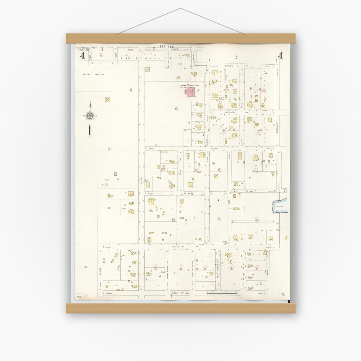 Old map wall art mockup — magnetic wood frame on white wall — Sanborn Fire Insurance Map from Rockwall, Rockwall County, Texas (1945), Sheet #0004