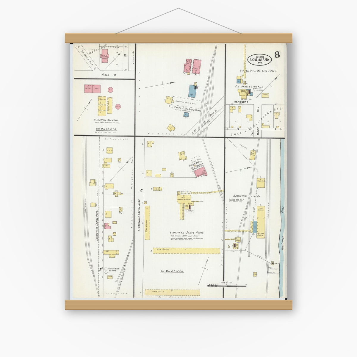 Old map wall art mockup — magnetic wood frame on white wall — Sanborn Fire Insurance Map from Louisiana, Pike County, Missouri (1902), Sheet #0008