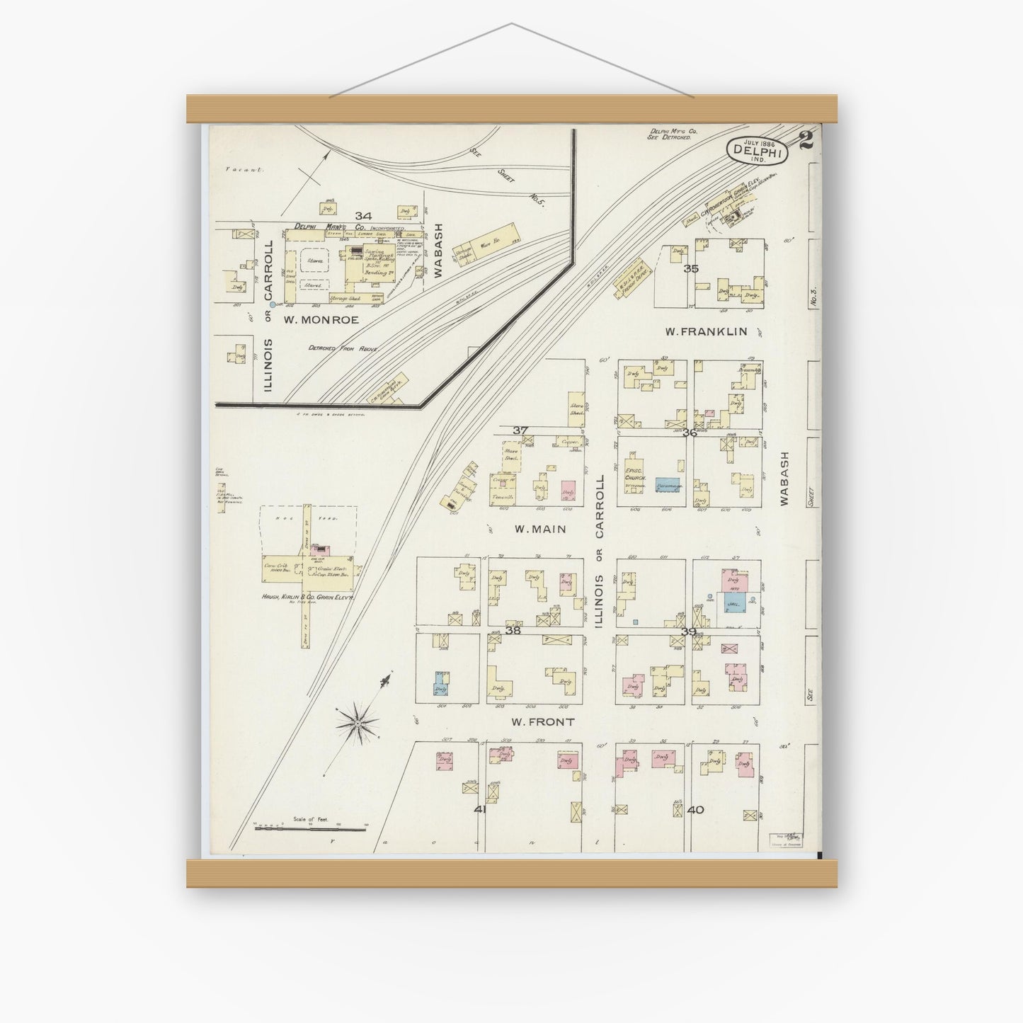 Old map wall art mockup — magnetic wood frame on white wall — Sanborn Fire Insurance Map from Delphi, Carroll County, Indiana (1886), Sheet #0002
