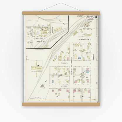 Old map wall art mockup — magnetic wood frame on white wall — Sanborn Fire Insurance Map from Delphi, Carroll County, Indiana (1886), Sheet #0002