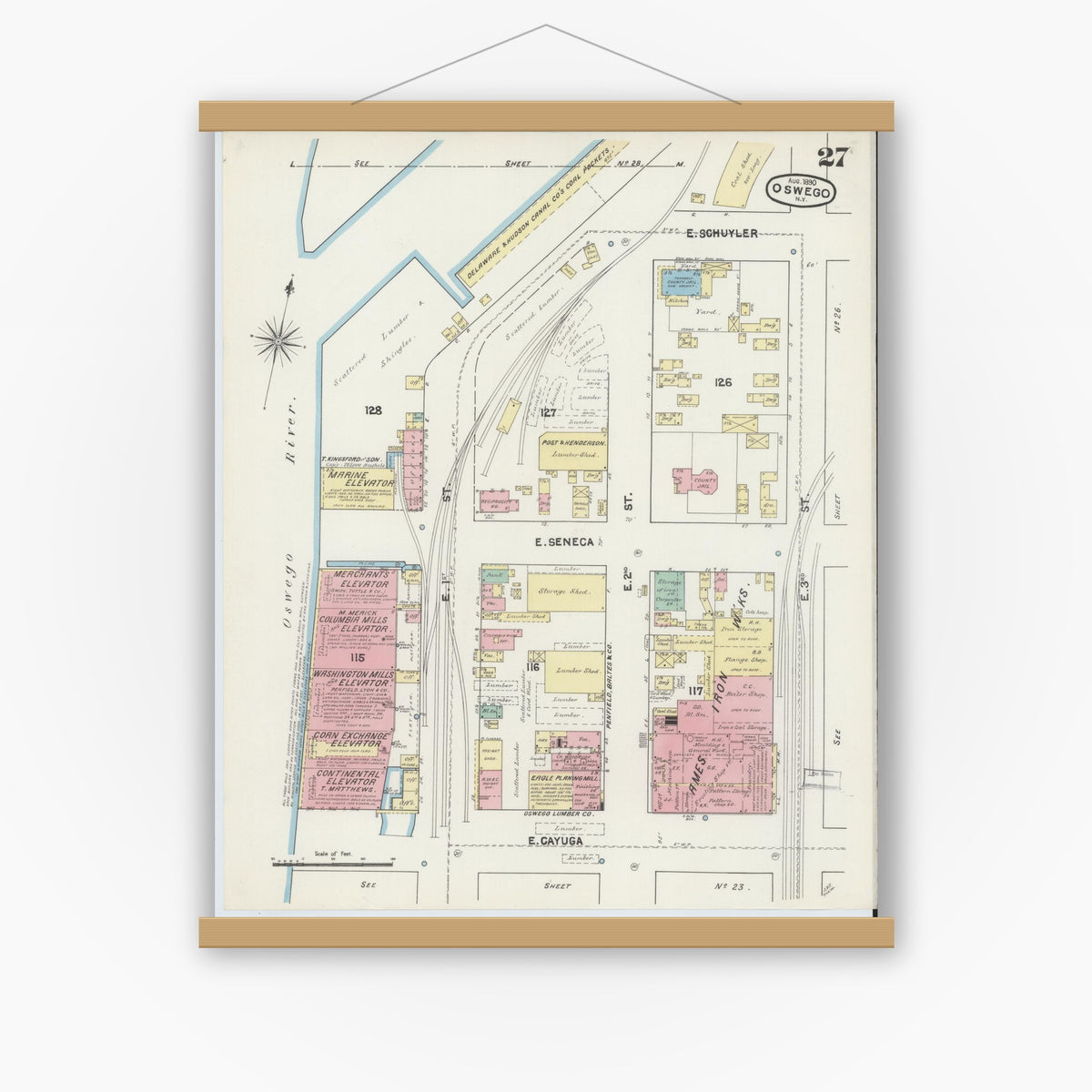 Old map wall art mockup — magnetic wood frame on white wall — Sanborn Fire Insurance Map from Oswego, Oswego County, New York (1890), Sheet #0027