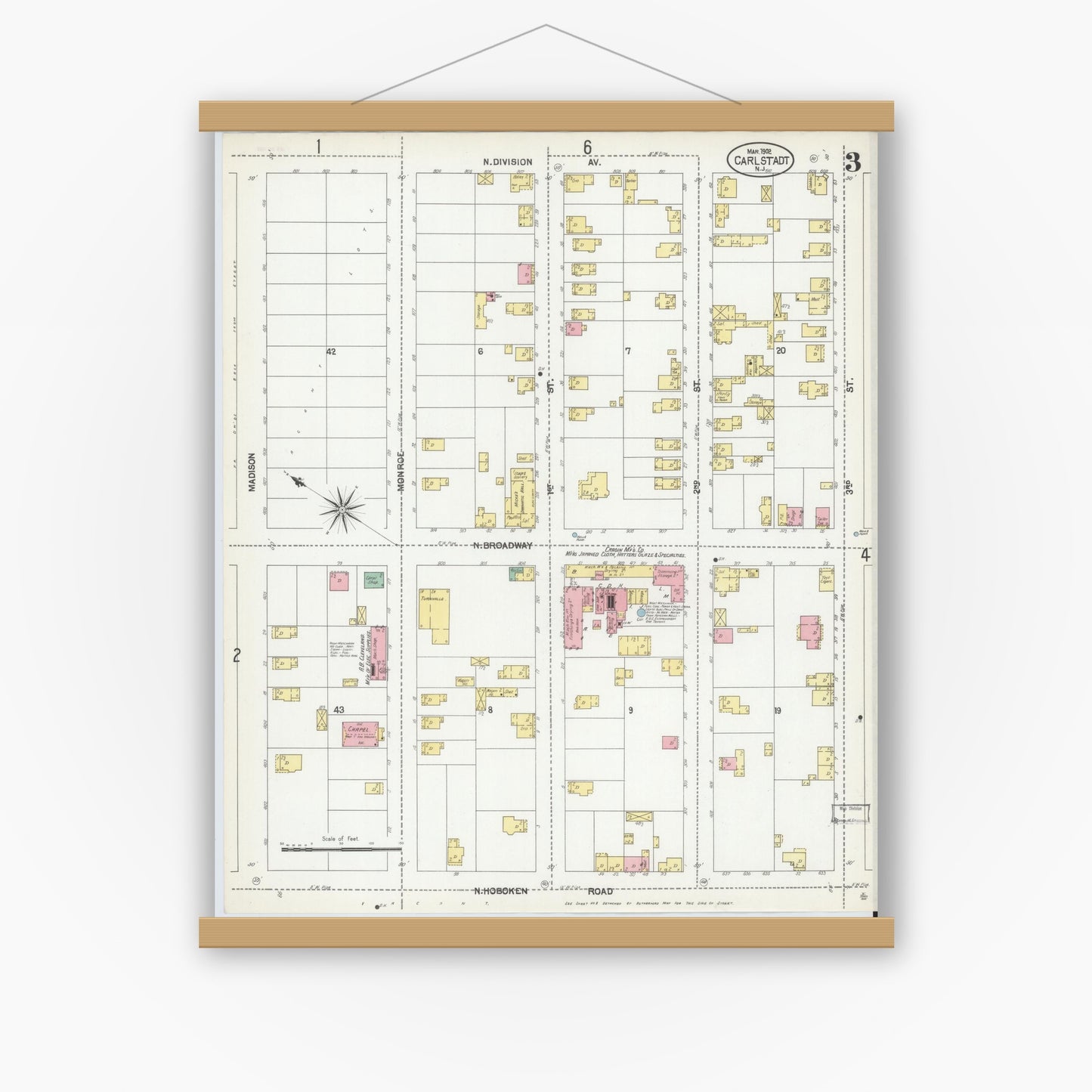 Old map wall art mockup — magnetic wood frame on white wall — Sanborn Fire Insurance Map from Carlstadt, Bergen County, New Jersey (1902), Sheet #0003