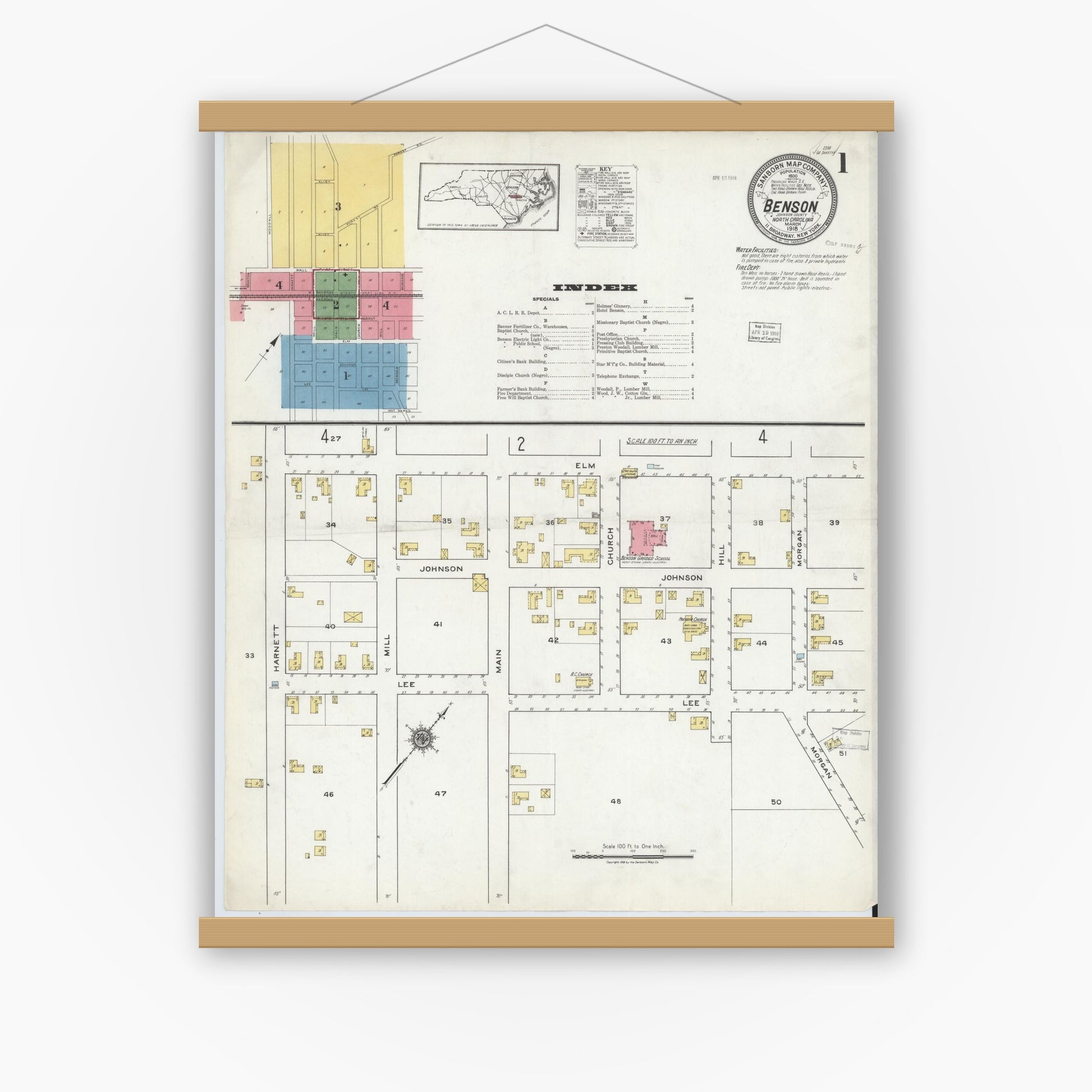Old map wall art mockup — magnetic wood frame on white wall — Sanborn Fire Insurance Map from Benson, Johnson County, North Carolina (1918) - Complete Map Set
